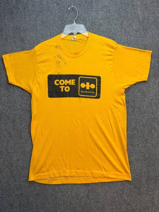 Vintage Komatsu Come To Graphic T-Shirt Screen Stars USA XL Yellow